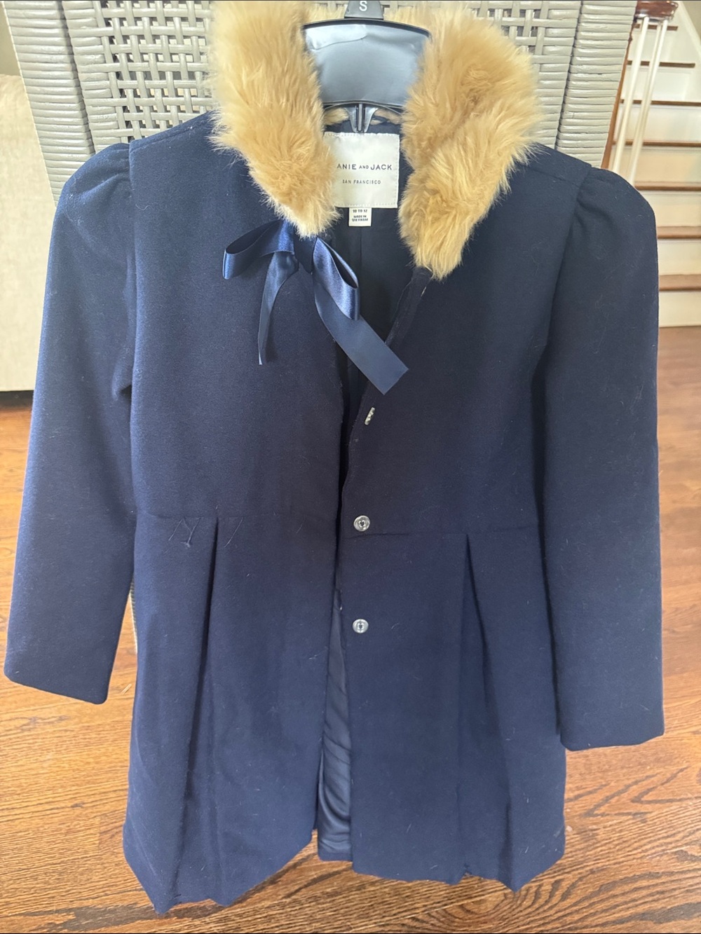 Janie and Jack Navy Pea Coat with Tan Faux Fur Collar